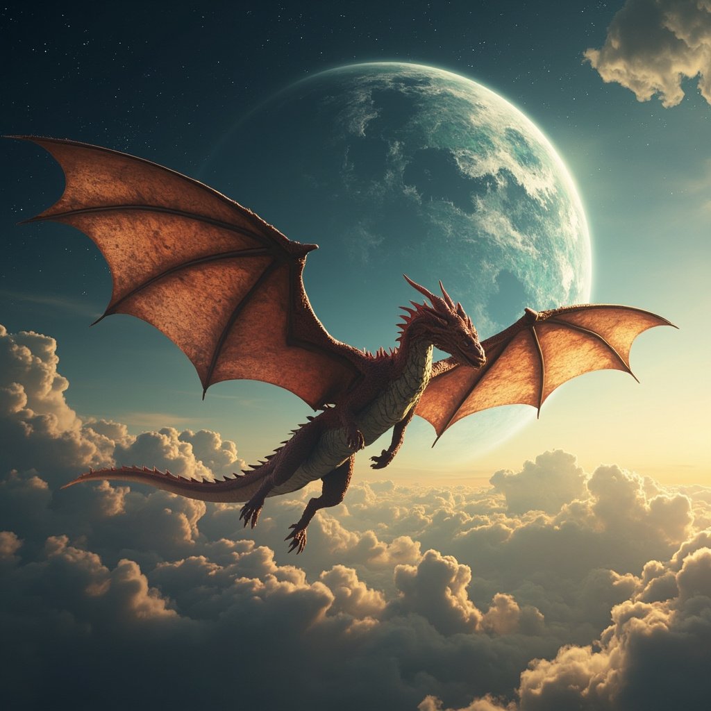 A dragon flying above clouds on another planet, with a large moon in the sky